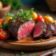 Filet mignon tranché servi sur une planche en bois avec légumes grillés