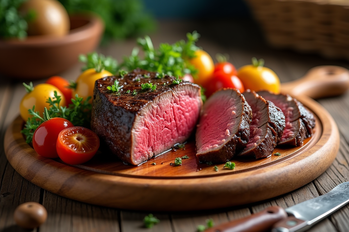 Filet mignon tranché servi sur une planche en bois avec légumes grillés
