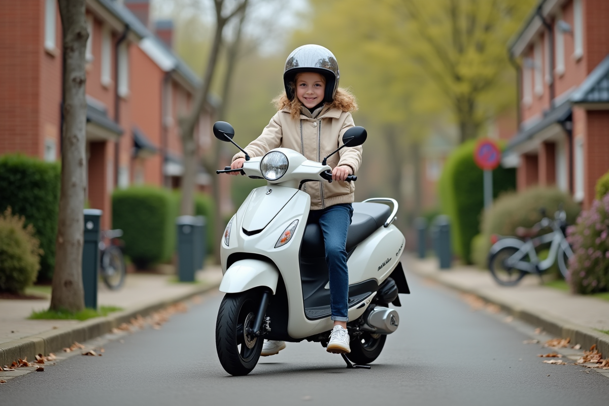 Fille confiante poussant scooter en banlieue