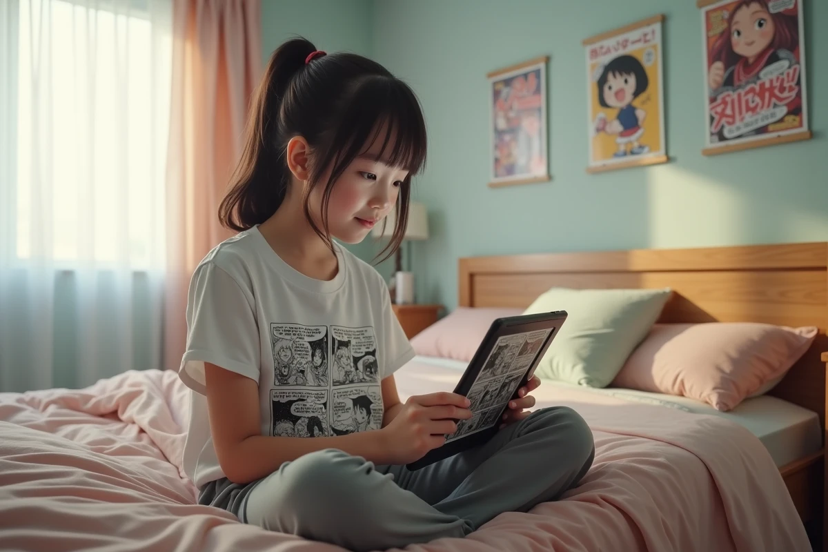 Adolescente lisant un chapitre VF de One Punch Man sur tablette dans sa chambre décorée d'affiches anime