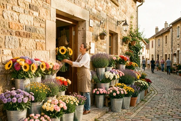Devanture d'une boutique de fleuriste en Dordogne avec des bouquets colorés exposés devant une façade en pierre dorée typique du Périgord