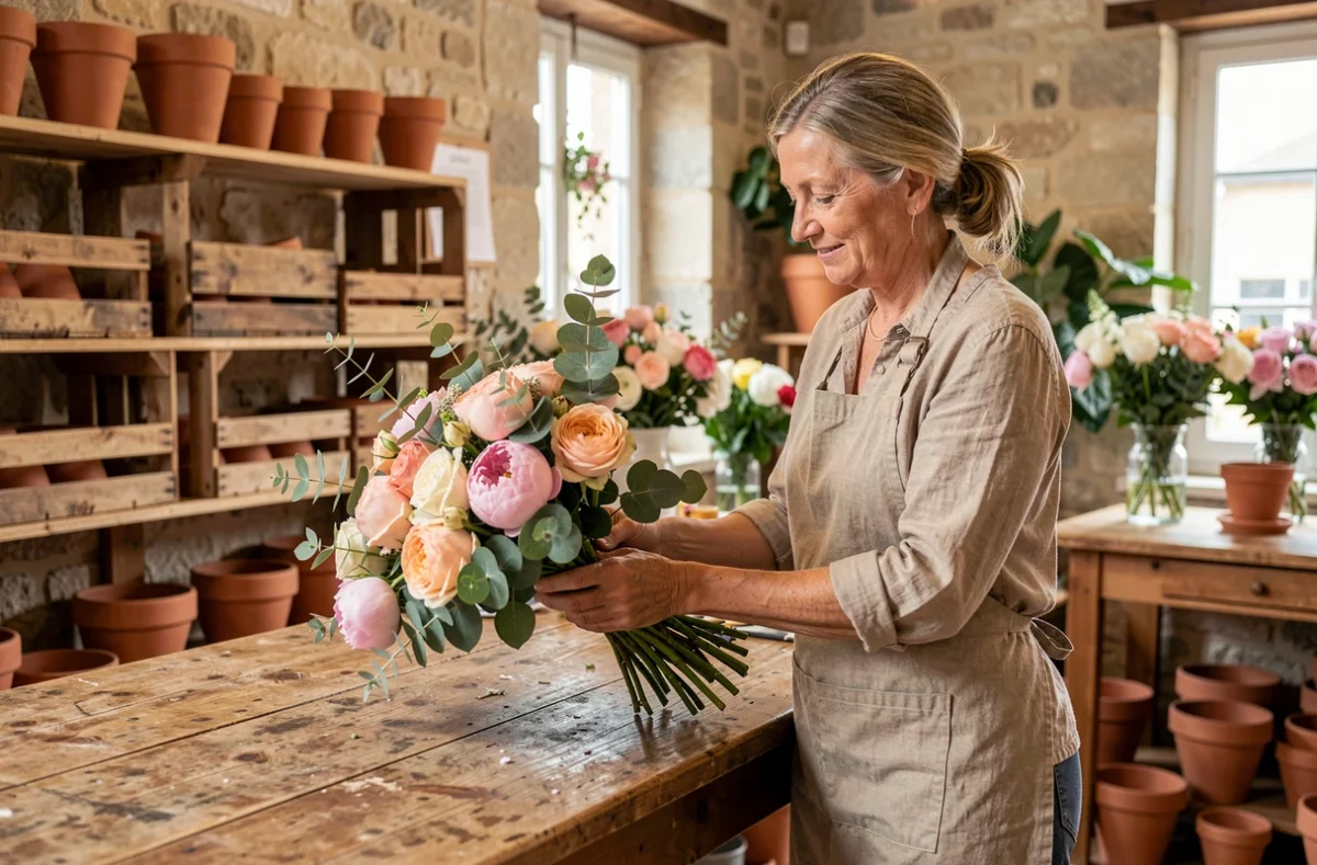 Fleuriste femme assemblant un bouquet de roses et pivoines dans la boutique familiale Fleurs de Famille à Périgueux
