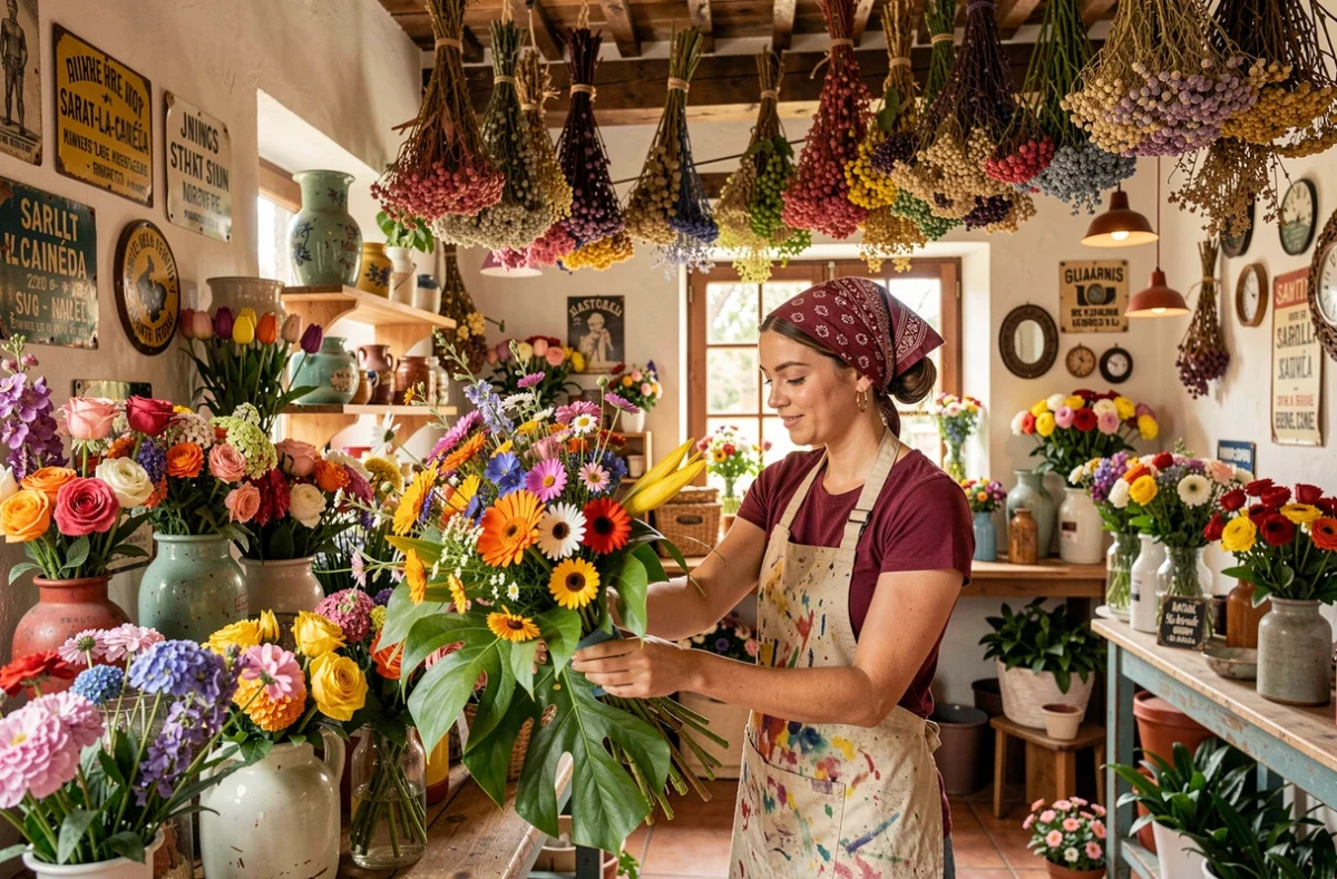 Fleuriste excentrique de Fleurs et Grain d'Folie à Sarlat assemblant un bouquet coloré de fleurs sauvages dans un décor vintage plein de caractère