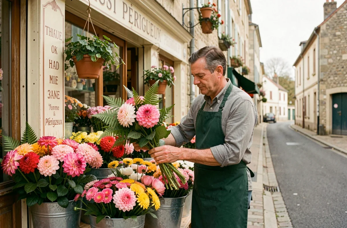 Fleuriste homme sélectionnant des dahlias et chrysanthèmes dans des seaux de marché devant la boutique Fleurs Saint-Martin à Périgueux