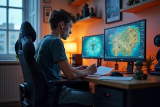 Jeune joueur concentré avec checklist et moniteur Dofus
