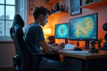 Jeune joueur concentré avec checklist et moniteur Dofus