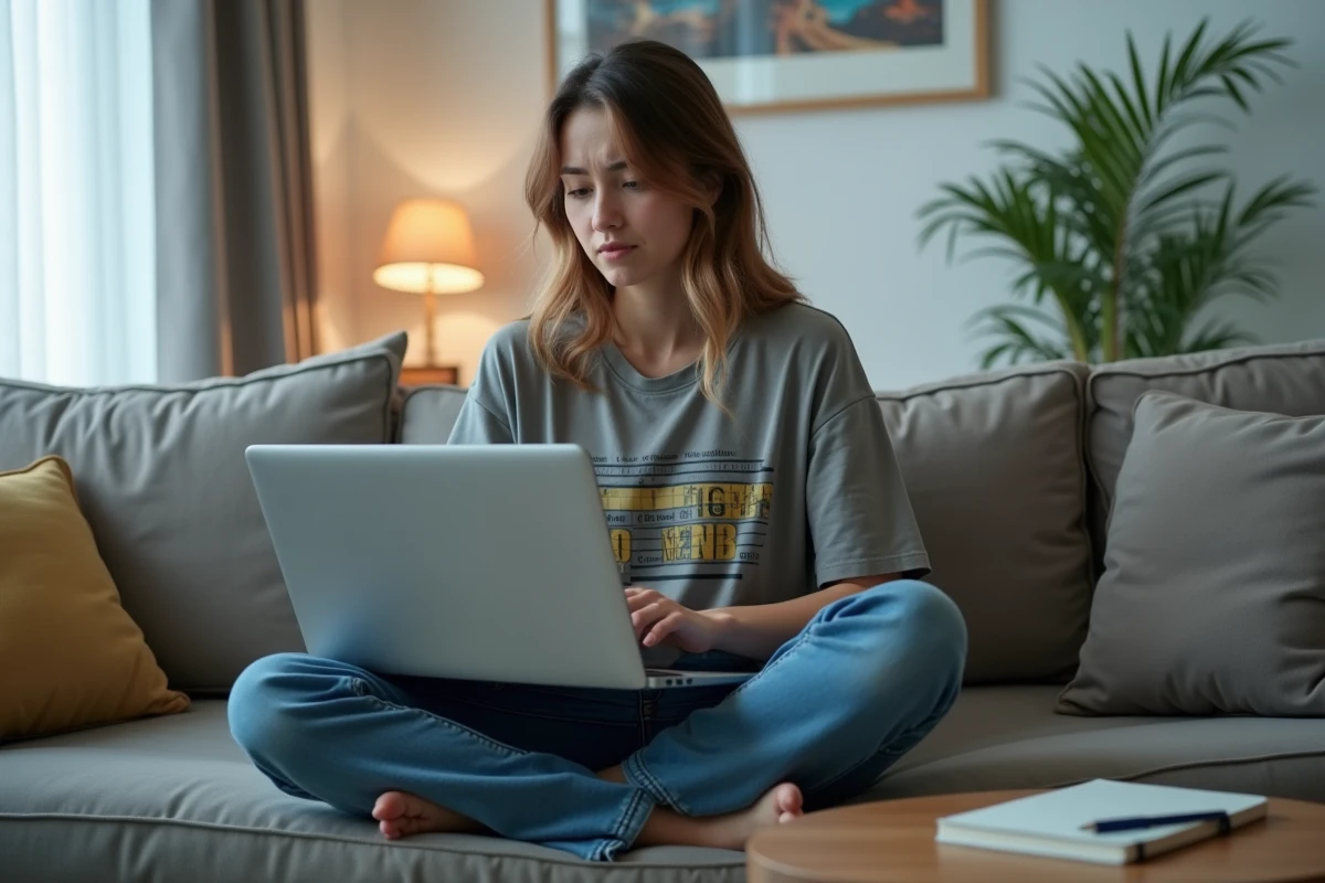 Jeune femme frustrée consultant des statistiques de jeu sur laptop, symbolisant les erreurs de progression et les mauvaises stratégies pour l'XP dans Dofus