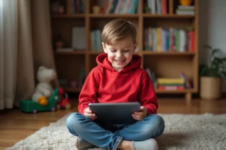 Garçon de 7 ans utilisant une tablette dans un salon chaleureux