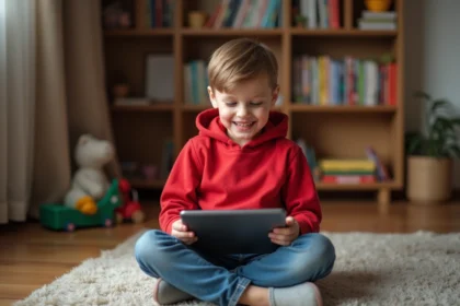 Garçon de 7 ans utilisant une tablette dans un salon chaleureux