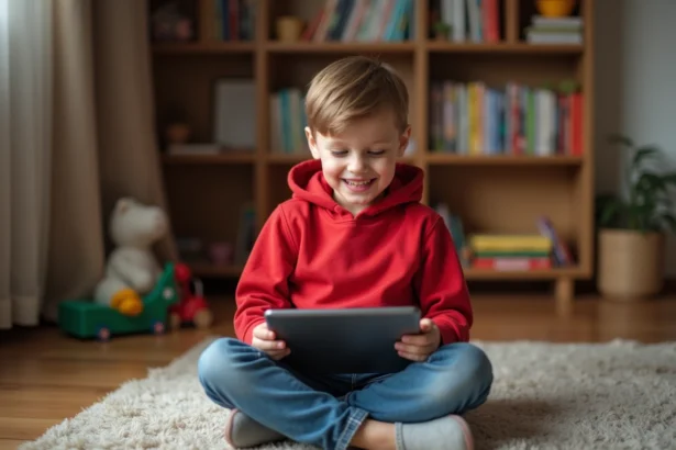 Garçon de 7 ans utilisant une tablette dans un salon chaleureux