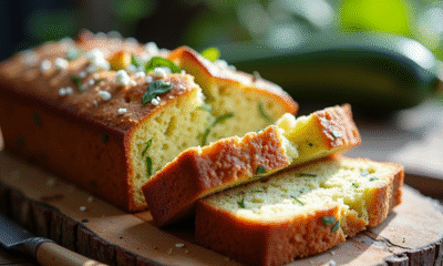 Part de cake courgette feta sur planche en bois naturel