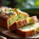 Part de cake courgette feta sur planche en bois naturel