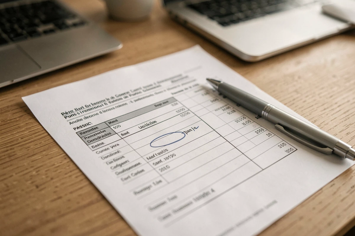 Gros plan sur un bulletin de salaire français avec mention des jours fériés de mai et stylo posé dessus
