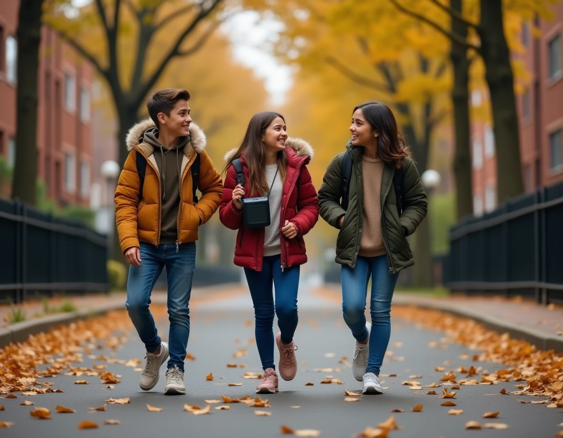 Groupe d'adolescents marchant ensemble dans une rue en automne en écoutant de la musique sur une enceinte portable, symbolisant l'amitié