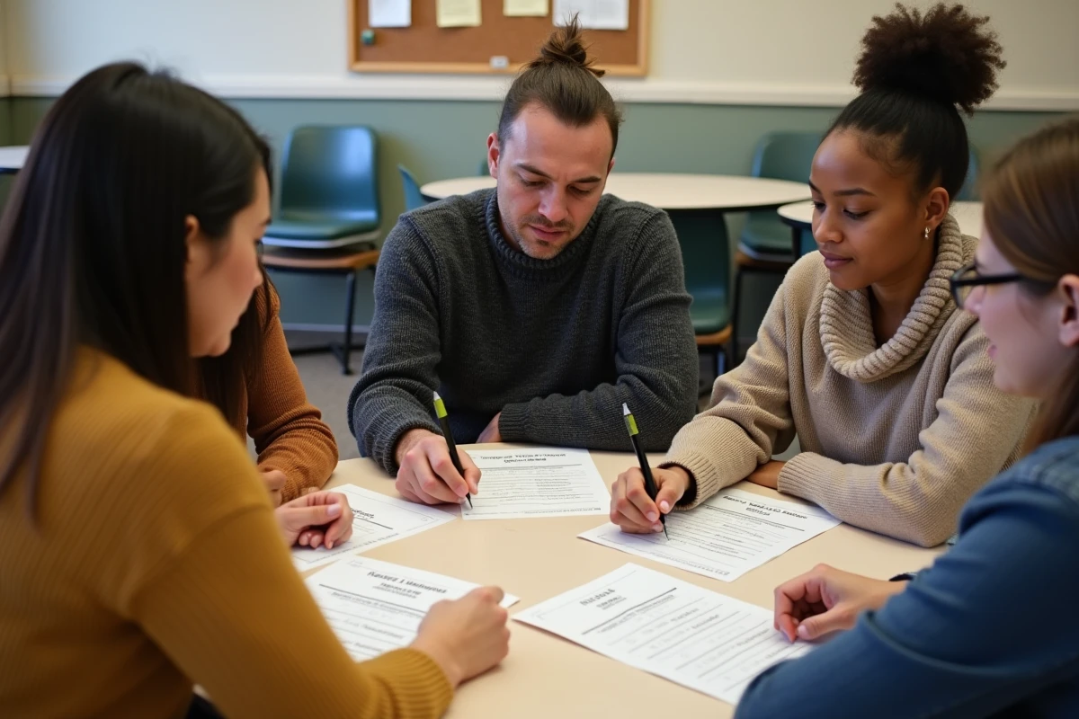 Groupe de personnes préparant ensemble les 200 questions du test de naturalisation française dans un centre communautaire