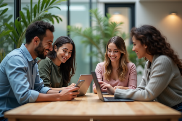 Groupe de jeunes adultes dans un espace coworking lumineux