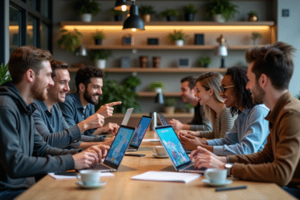 Jeunes adultes collaborant sur des interfaces numériques dans un espace coworking