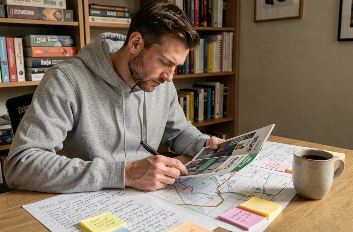 Homme analysant un guide officiel de solution pour le jeu Rooms and Exits, entouré de notes manuscrites et de cartes imprimées sur un bureau en bois