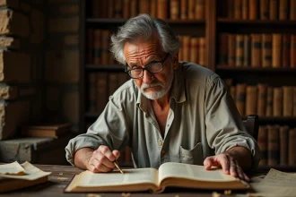 Historien examinant un manuscrit ancien dans une bibliothèque d'archives pour révéler la vérité sur la mort de d'Artagnan