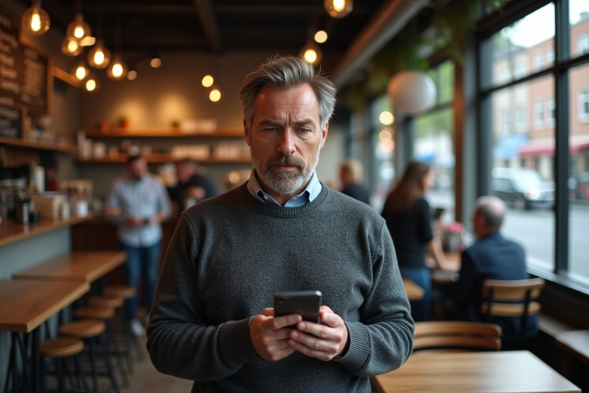 Homme lisant les actualités importantes sur smartphone dans un café urbain animé
