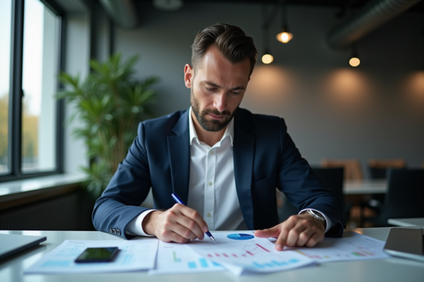 Homme d'affaires en costume regardant des graphiques financiers
