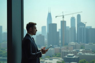 Homme d'affaires en costume avec tablette devant la ville