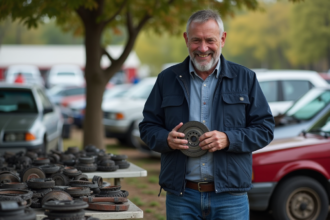 Homme souriant examinant une pièce auto lors d'un marché de pièces d'occasion
