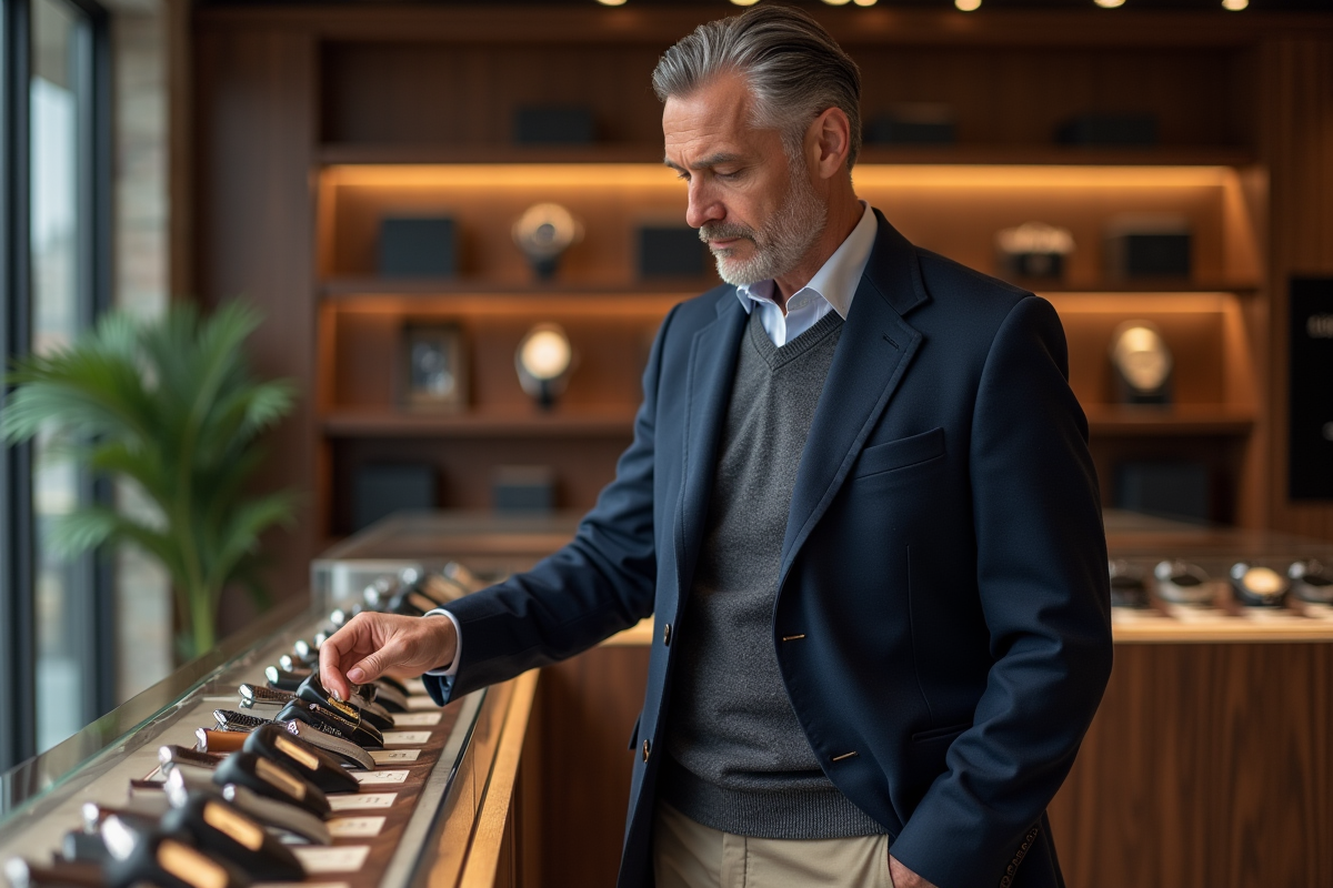Homme bien habille choisissant une montre dans une boutique