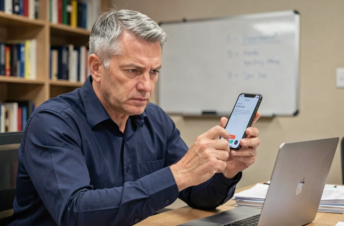 Homme en bureau tenant un smartphone affichant un appel entrant avec indicatif inconnu 49