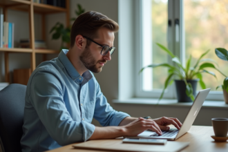 Homme d'âge moyen travaillant sur un ordinateur dans un bureau moderne