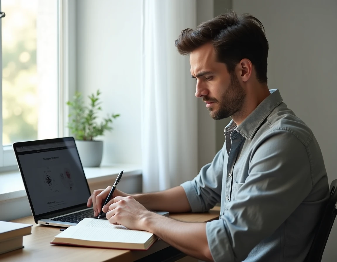 Homme à son bureau prenant des notes de façon critique sur la signification du 18h18 et les erreurs d'interprétation