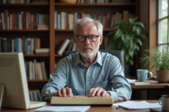 Homme d'âge moyen travaillant sur un ordinateur vintage dans un bureau cosy