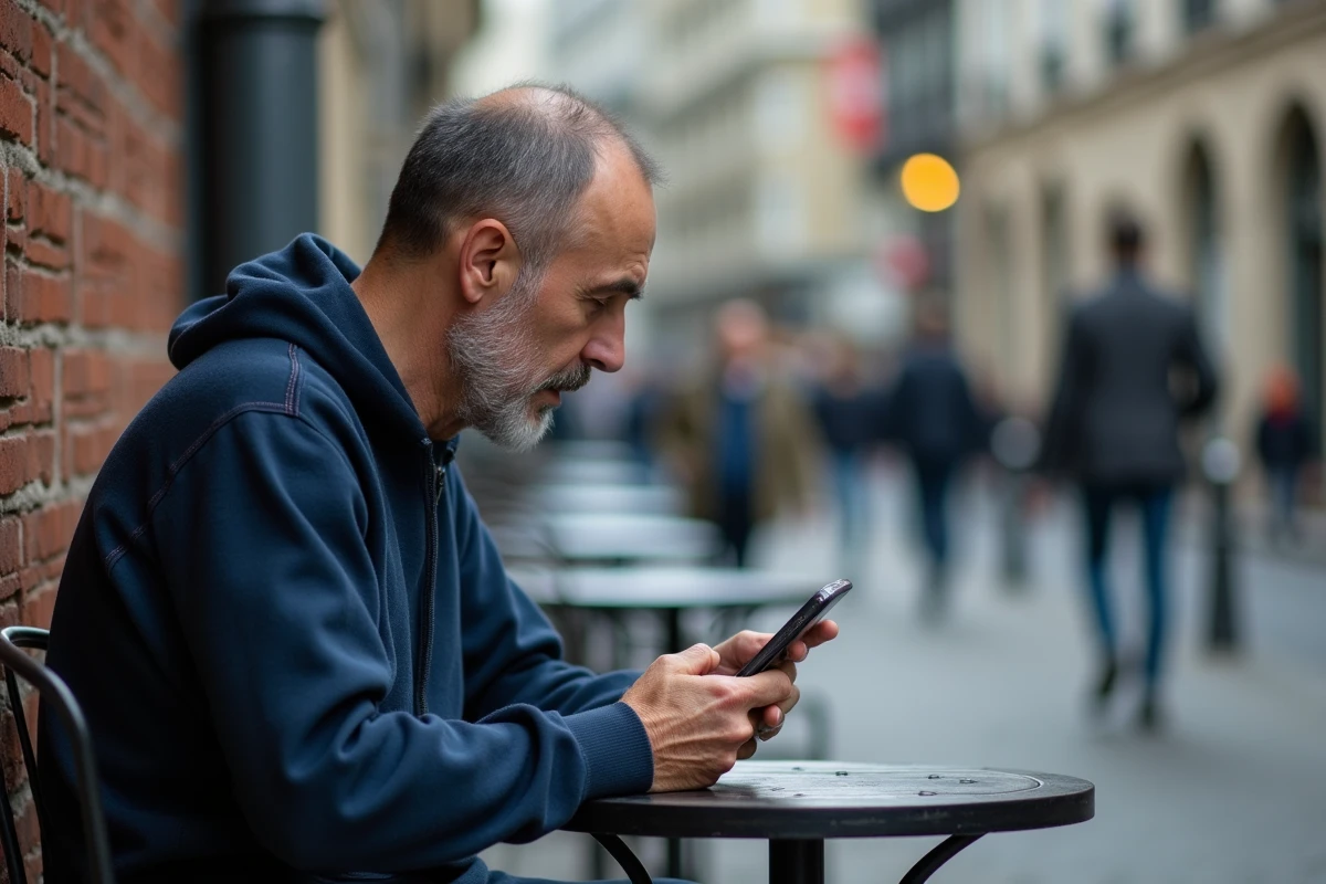 Homme au café utilisant 1 Jour 1 Film sur smartphone