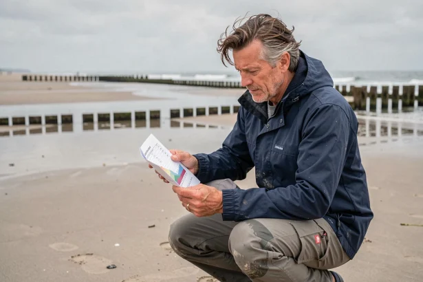 Homme consultant le calendrier des marées de Capbreton imprimé, accroupi sur la plage à marée basse