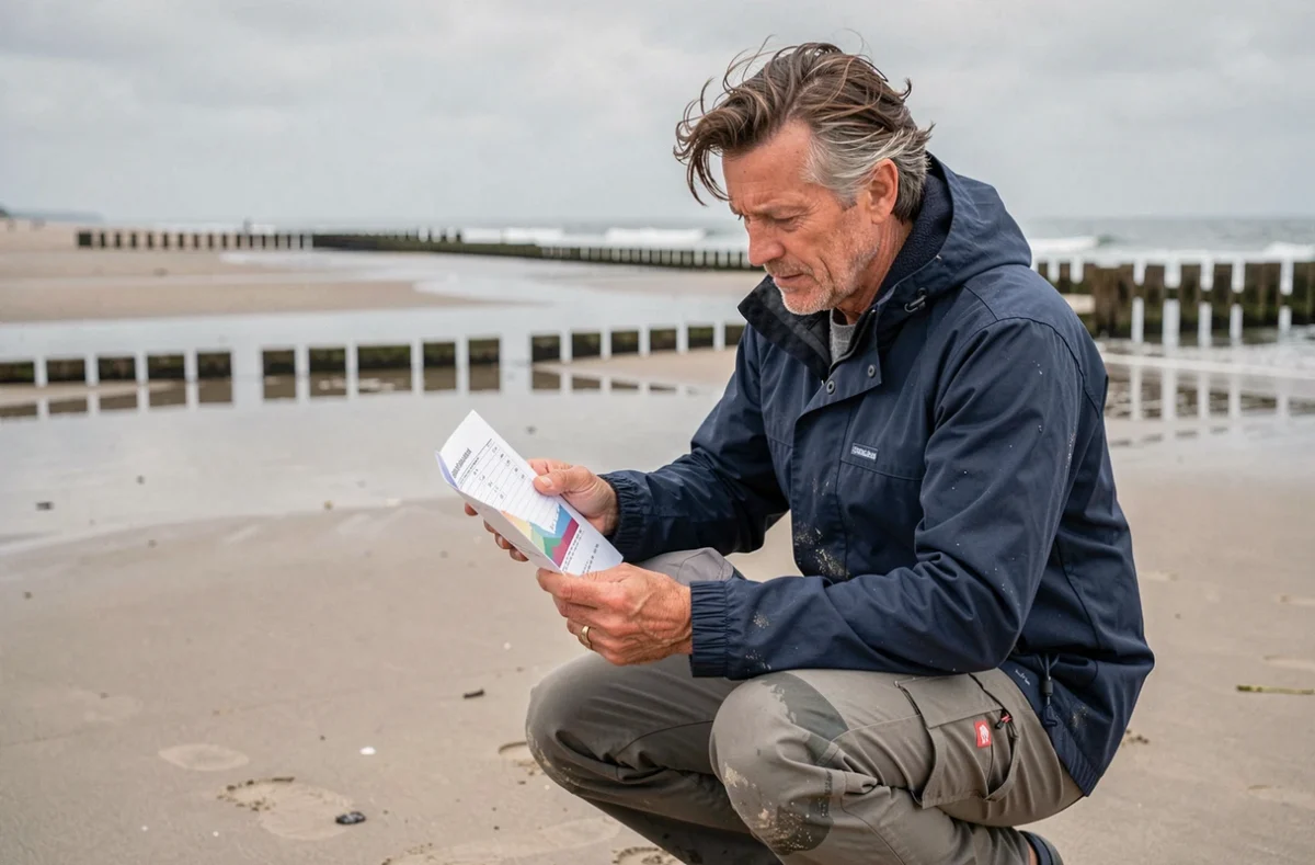 Homme consultant le calendrier des marées de Capbreton imprimé, accroupi sur la plage à marée basse