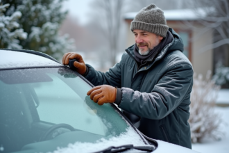 Homme d'âge moyen installant ses essuie-glaces en hiver