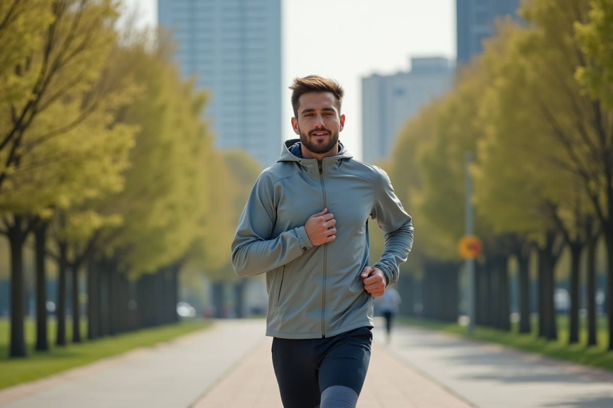 Jeune homme courant dans un parc urbain au printemps