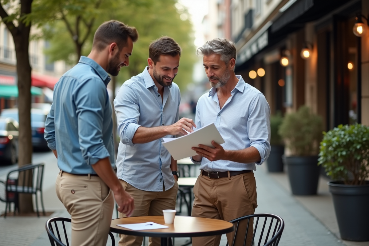 Homme entrepreneur en extérieur avec collègues dans un café urbain