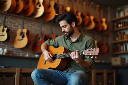 Homme évaluant une guitare acoustique Atlantic dans une boutique de musique avec des instruments en arrière-plan