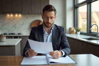 Homme d affaires étudiant des documents immobiliers dans une cuisine moderne