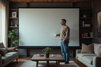 Homme moyenâgeux installe un grand écran de projection dans un salon