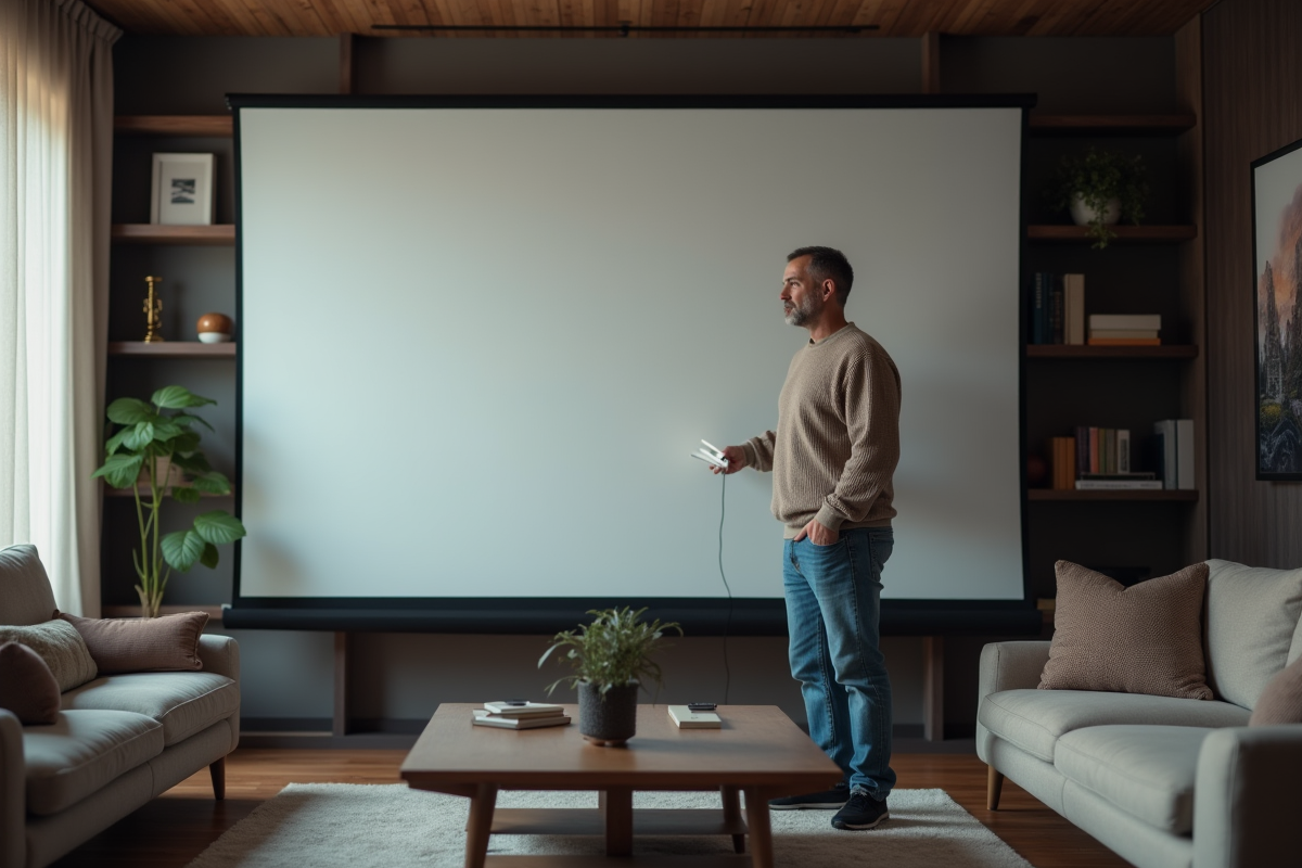Homme moyenâgeux installe un grand écran de projection dans un salon