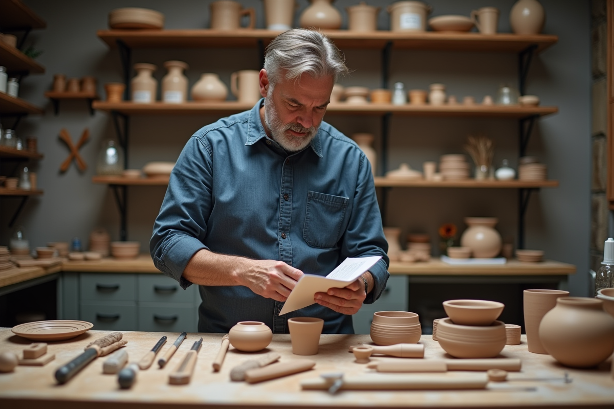 Homme inspectant un kit de poterie dans son atelier moderne