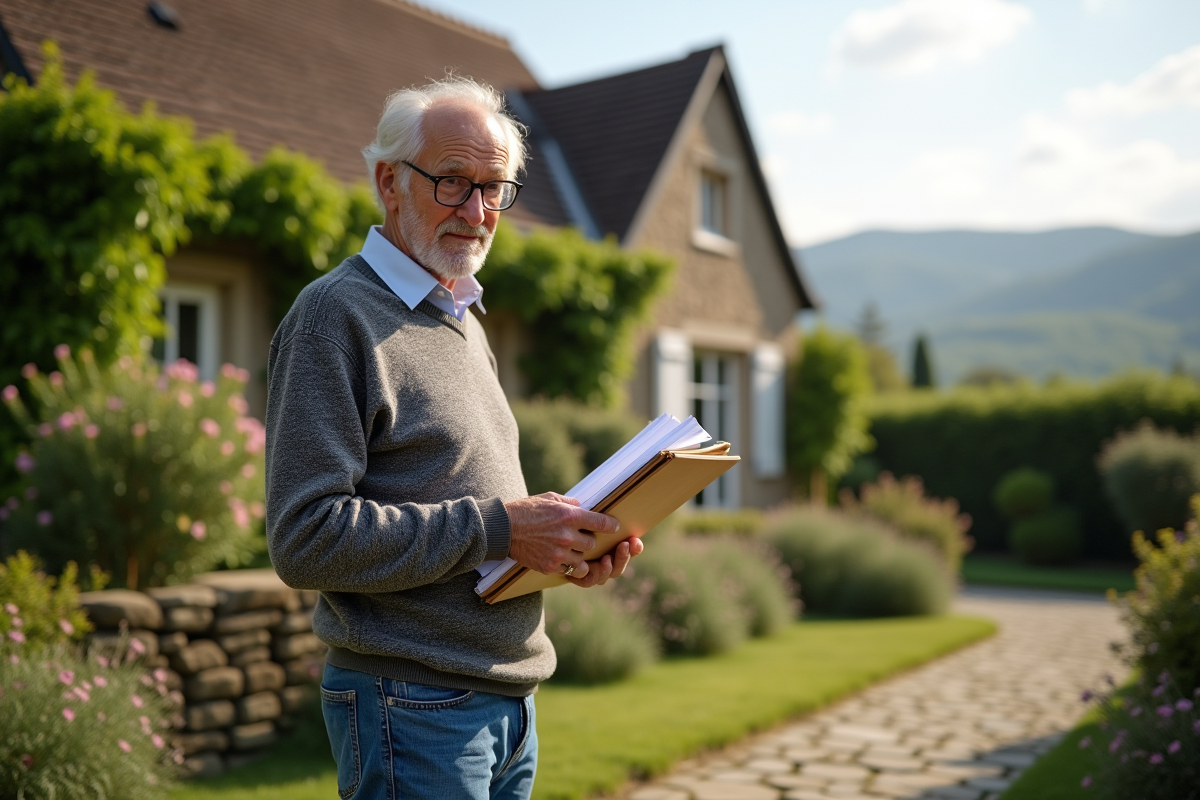 Homme âgé tenant un dossier de documents fiscaux devant une maison de vacances