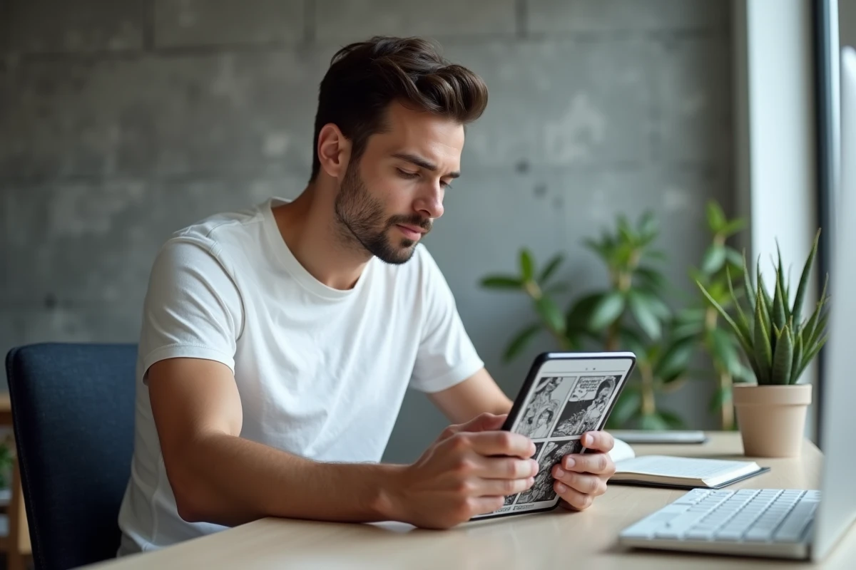 Homme lisant des mangas sur mobile avec une application de lecture optimisée sur bureau moderne