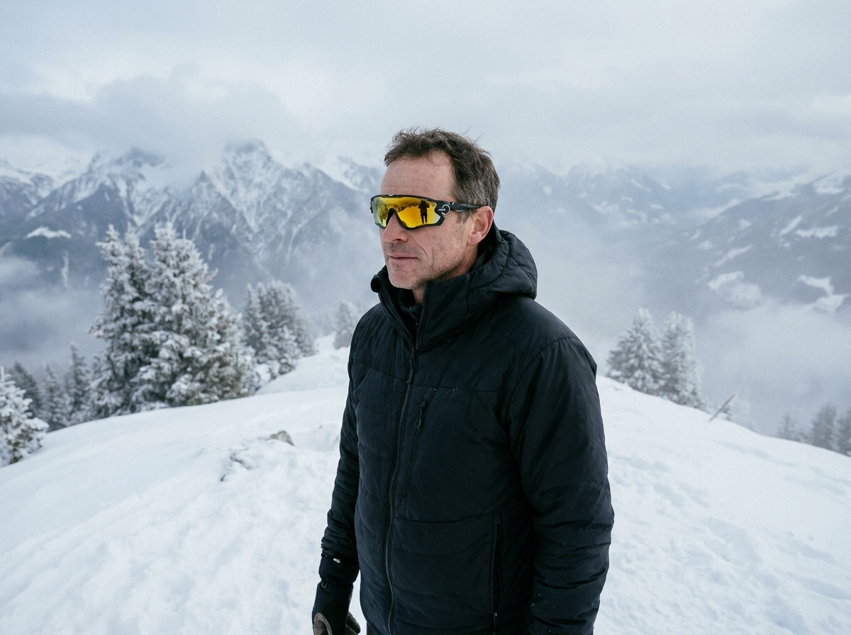 Homme portant des lunettes de sport photochromiques sur un versant enneigé en montagne