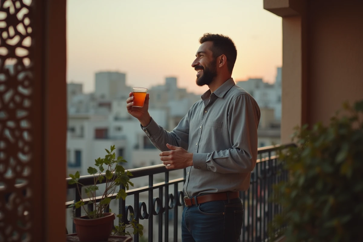 Homme marocain souriant saluant chaleureusement lors du ftour en réponse aux vœux de Saha Ftourek