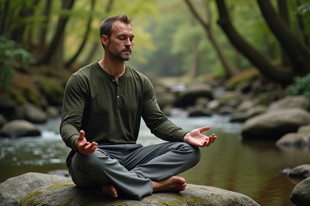 Homme méditant en silence au bord d'un ruisseau forestier, pratique du mantra en pleine nature