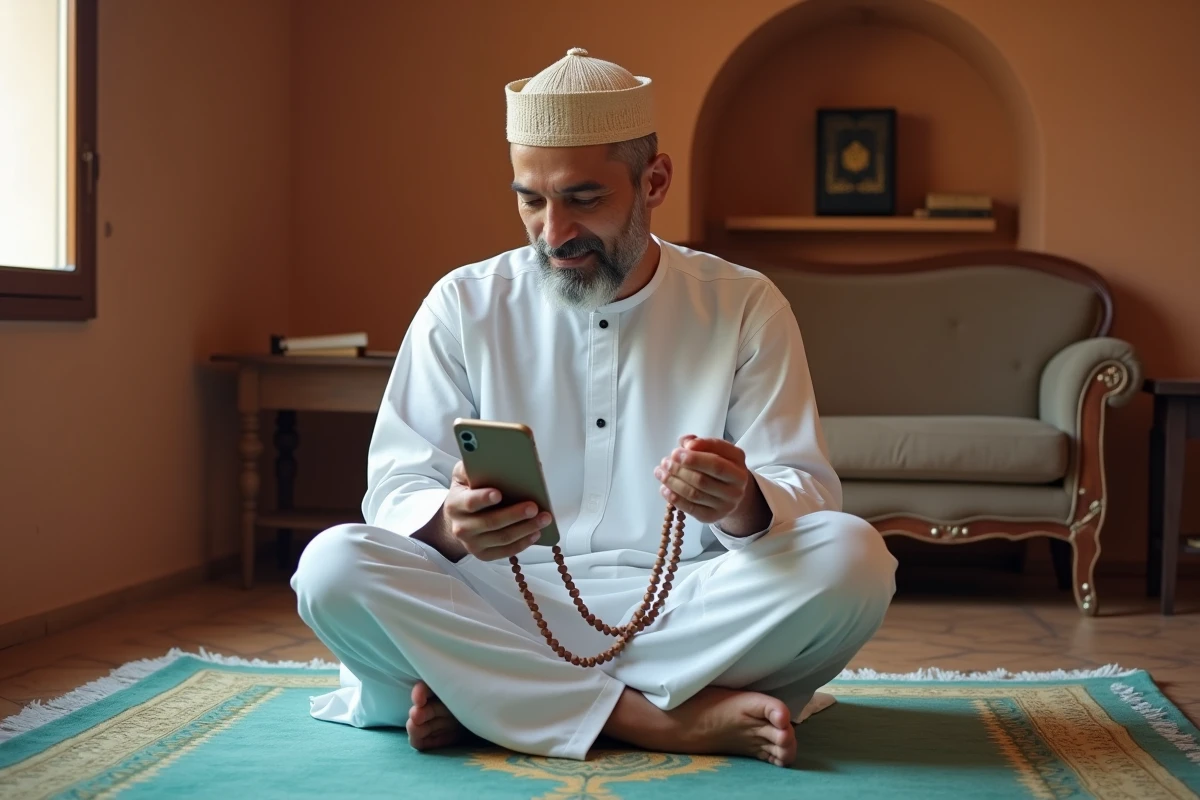 Homme musulman consultant un horaire de prière sur smartphone avant la prière du vendredi à Béziers