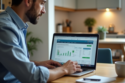 Homme d'âge moyen travaillant sur son ordinateur dans une cuisine moderne